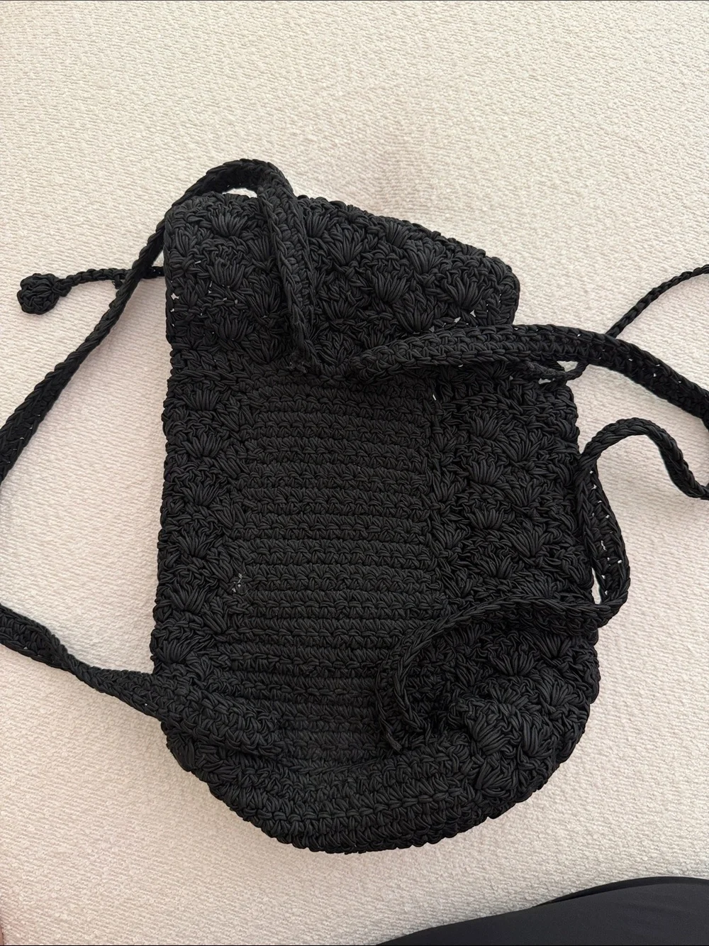 Vintage Black Floral Crocheted Drawstring Backpack Pockets Shoulder Straps Y2K